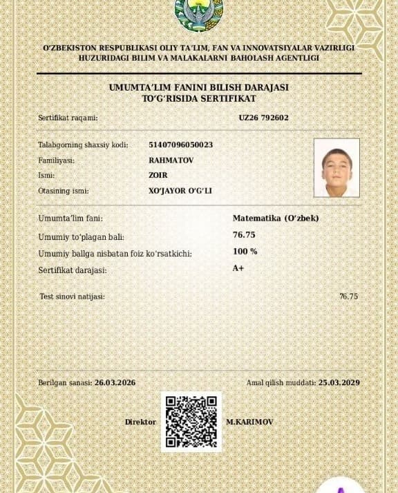 Xayrullayev Jamshid sertifikati